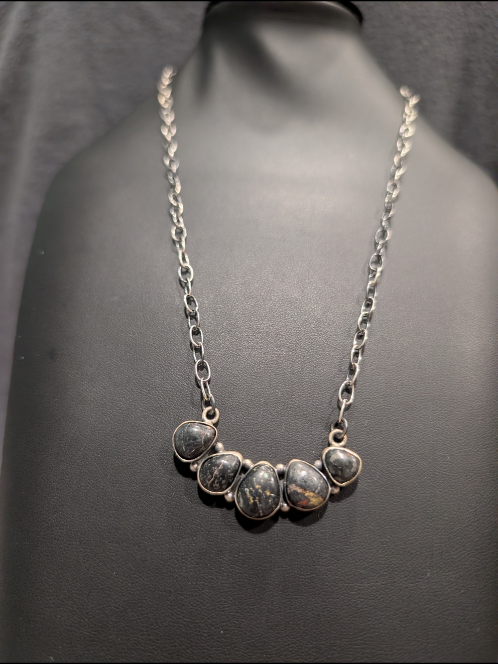 Sterling Silver Black Jack Turquoise Five-Bead Necklace